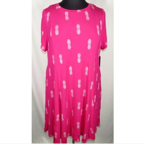 Torrid Plus Size 1X Pink Pineapple Print Short Sleeve Dress, Pockets, Super Soft - Picture 3 of 8